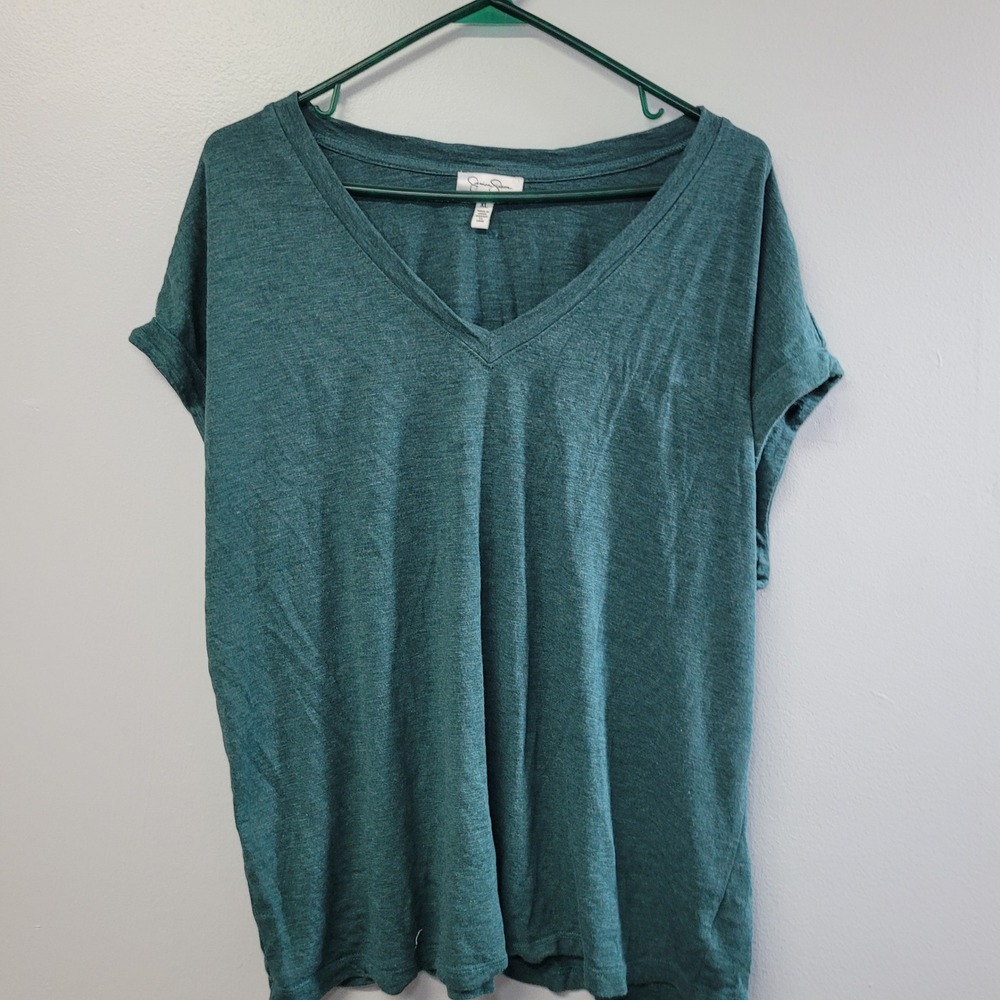 Jessica Simpson Womens XL V-Neck Tee Green Heathered Short Sleeve Cuffed‎ Shirt